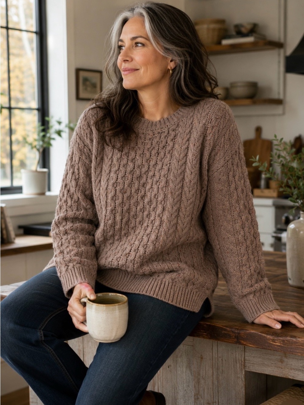 Lands’ End 1X Wool Blend Aran Cable Knit Sweater Taupe